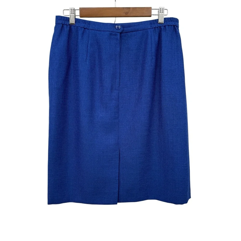 Le Suit Petite 14P Blue 2‎ Pc Skirt Suit Set Career Office Lined Short Sleeve